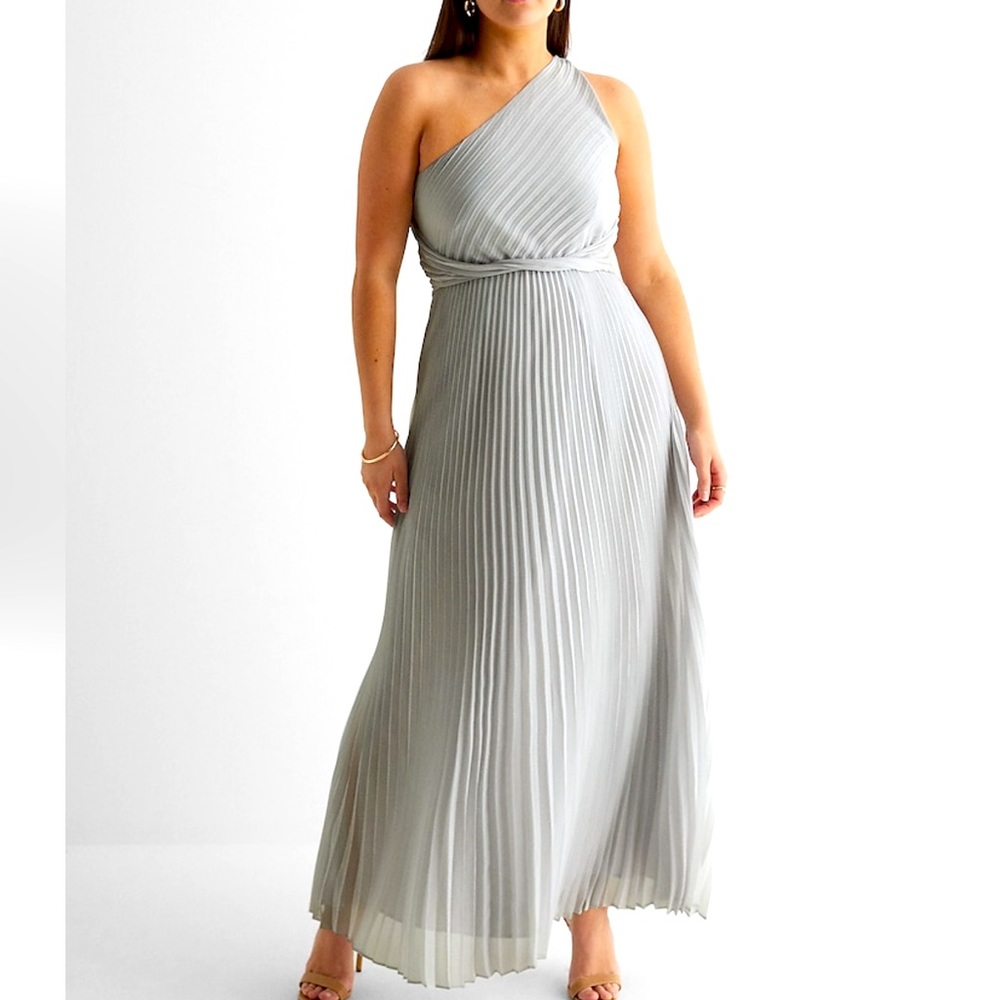 NWT Express XL Oyster Mushroom Twist Front Pleated Maxi One Shoulder Dress